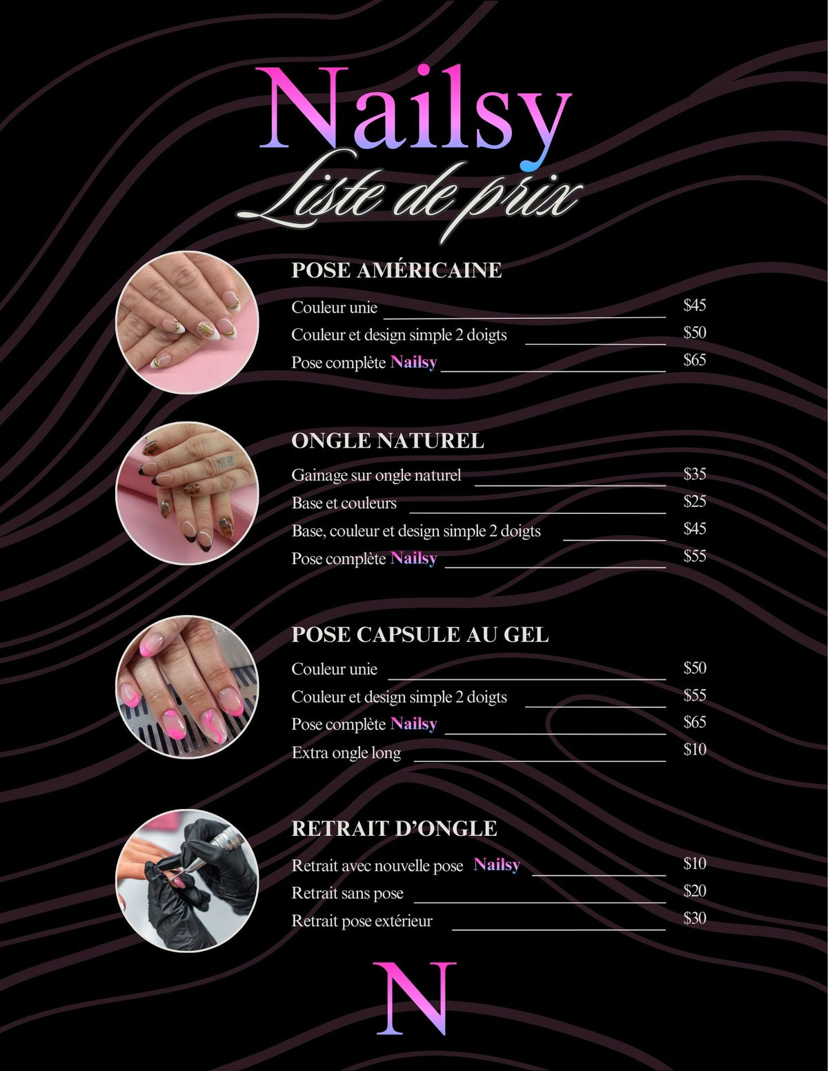 Liste de prix Nailsy Drummondville - Pose Gel-X et Manucure Russe