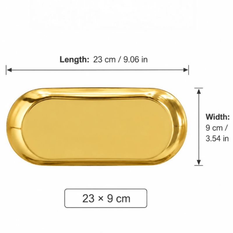Dimensions du plateau ovale doré format M, 23 x 9 cm